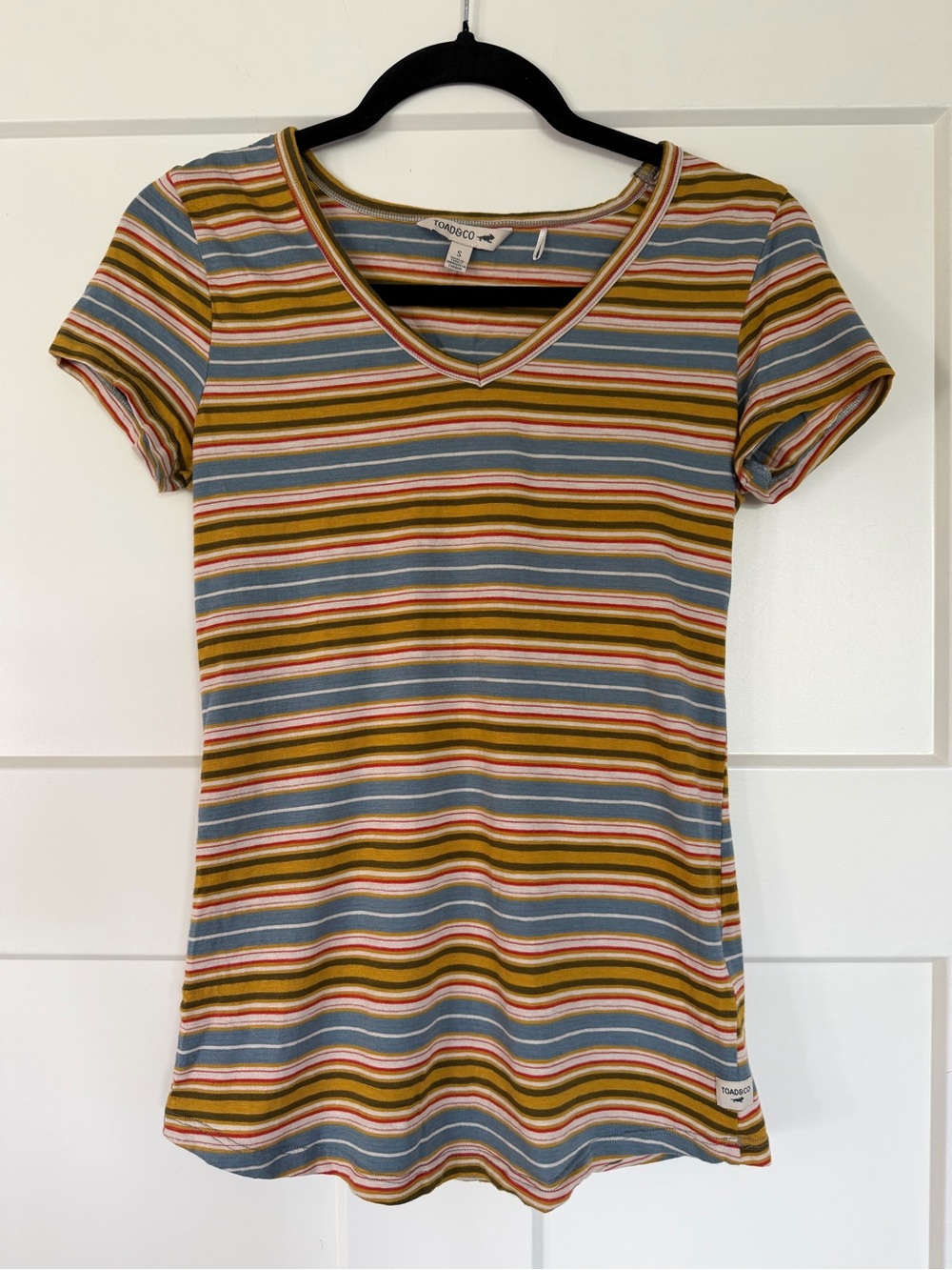 Toad & Co Multi Color Stripe V-Neck Short Sleeve Top Organic Cotton